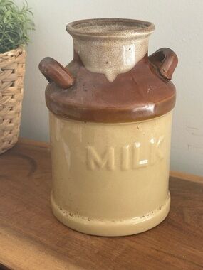 Vintage Milk Jug Crock Pottery Ceramic Stoneware Brown Cream Glazed